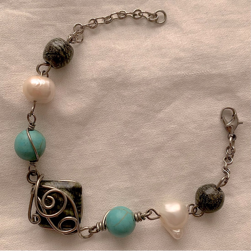Malachite Turquoise and Pearl Wire Wrapped Silver Bracelet